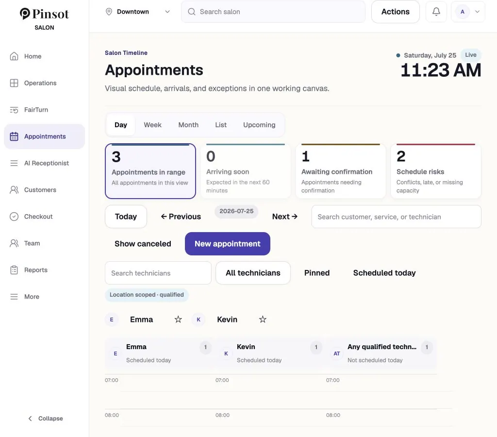 Pinsot appointments calendar with technician schedules and visit details