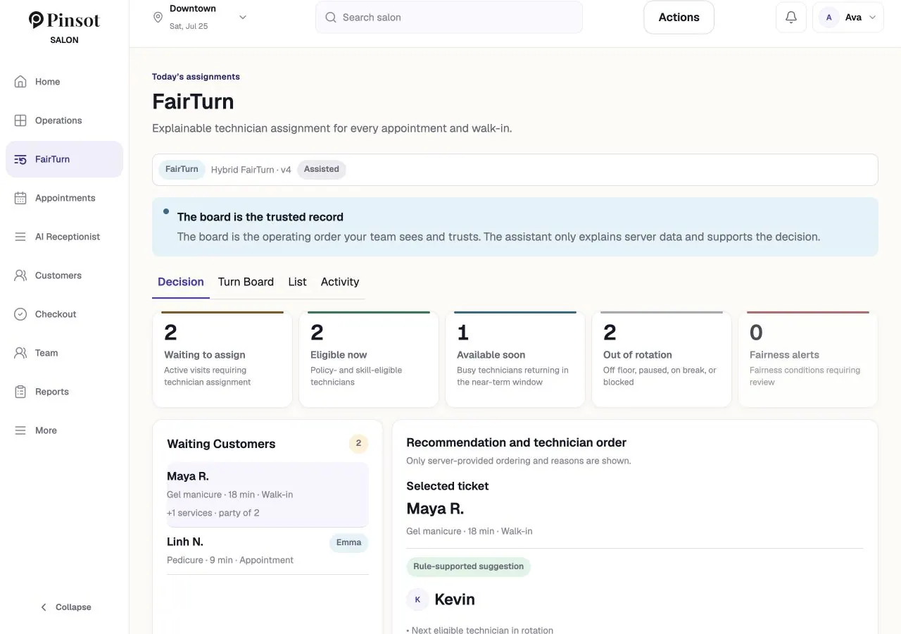 Pinsot FairTurn board with technician order and transparent assignment context