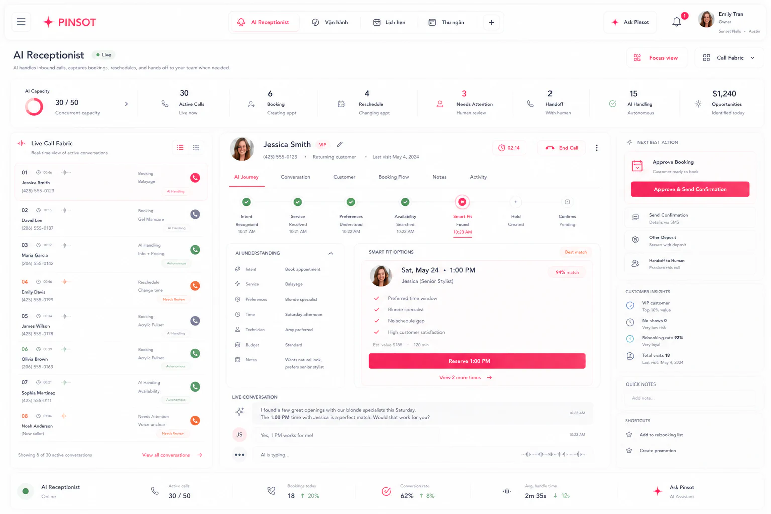 Pinsot AI Receptionist conversation and review workspace