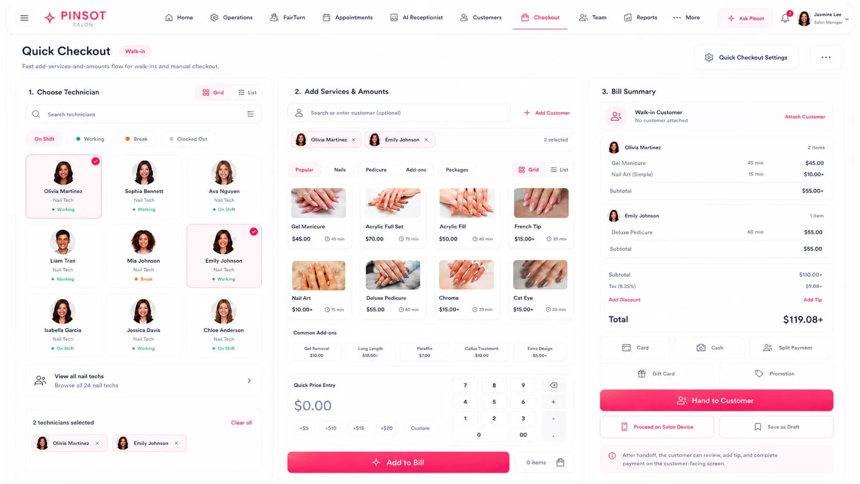 Pinsot checkout workspace with services, totals, and tender options