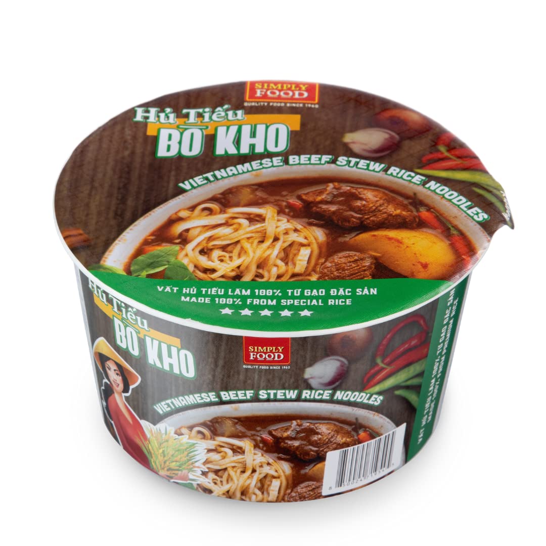 Collection of Simly Food Instant Vietnamese Beef Stew Rice Noodles (Hủ Tiếu Bò Kho) - 9 BOWLS/ 75g each in a gallery layout