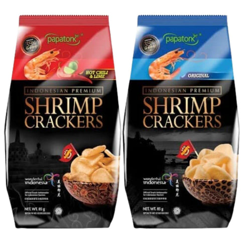 Papatonk Hot Chili & Lime Flavor and Original Shrimp Crackers 3 oz. Bag, Pack of 2
