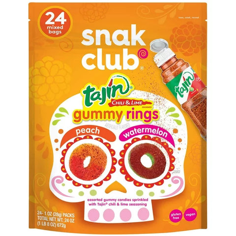 Snak Club Gummy Rings, Peach & Watermelon, Tajin Chile & Lime, 1 Ounce (24 Pack)