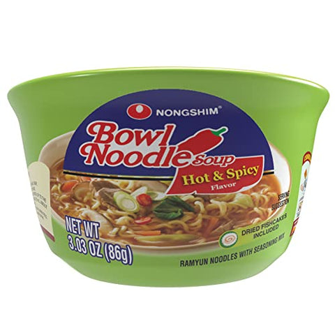Nongshim Hot & Spicy Instant Ramen Noodle Bowl Soup Mix, 6 Pack, Includes Fish Cakes, Crisp Carrot & Green Onion Topping