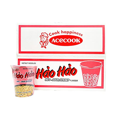 ACECOOK Hao Hao Instant Noodles Cups - Hot & Sour Shrimp Flavor 12 Cups X 2.29 OZ