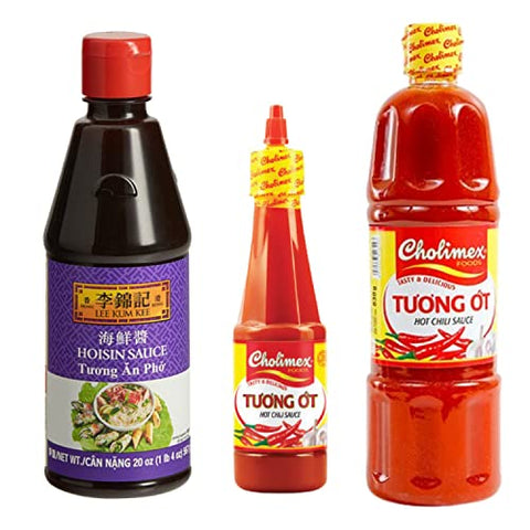Vietnamese Pho Style Sauce - Hot Chilli Sauce 0.8 Lbs and 1.8 Lbs (850g) Refill + Traditional Vegetarian Hoisin Sauce 1.4 Lbs (567g) - Pack of 3