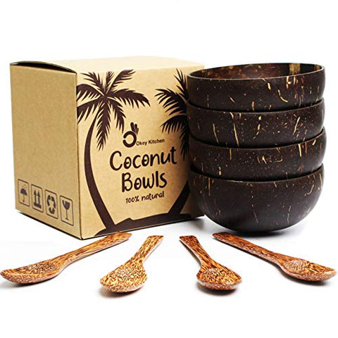 Okey Kitchen Vietnamese Coconut Bowls and Spoons, 100% Natural, Eco-Friendly, Set of 4  (Polished)