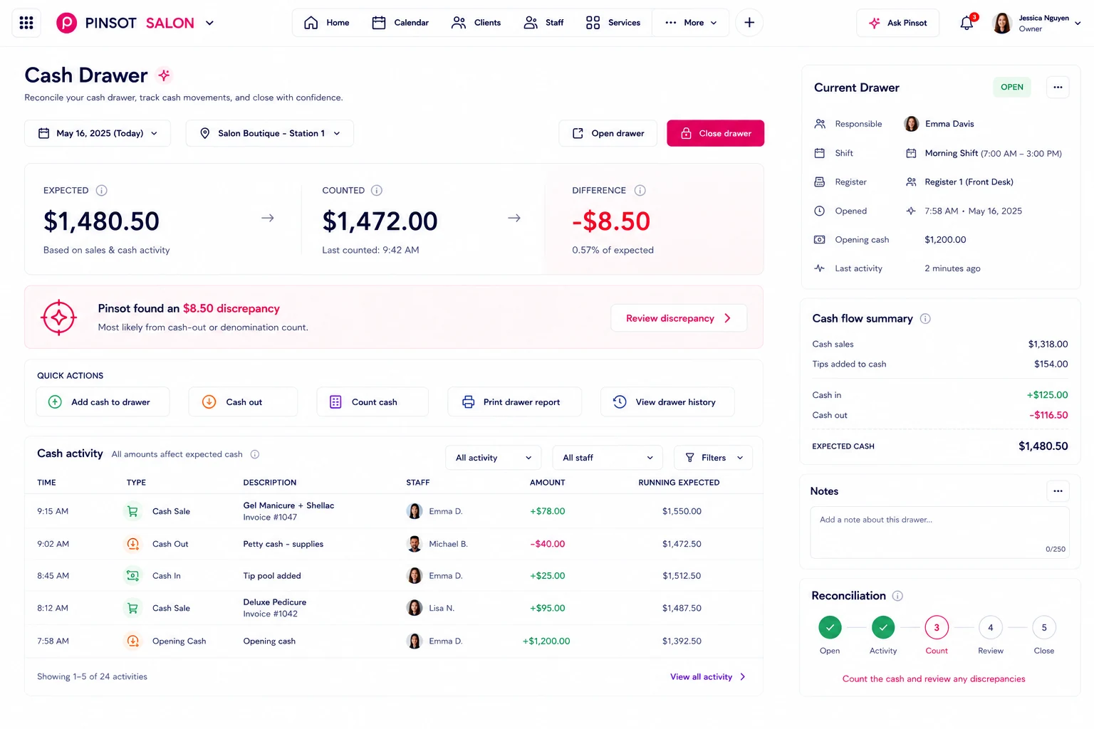 Pinsot cash drawer reconciliation workspace