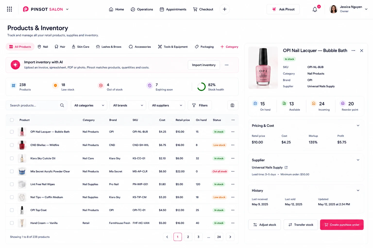 Pinsot products and inventory workspace
