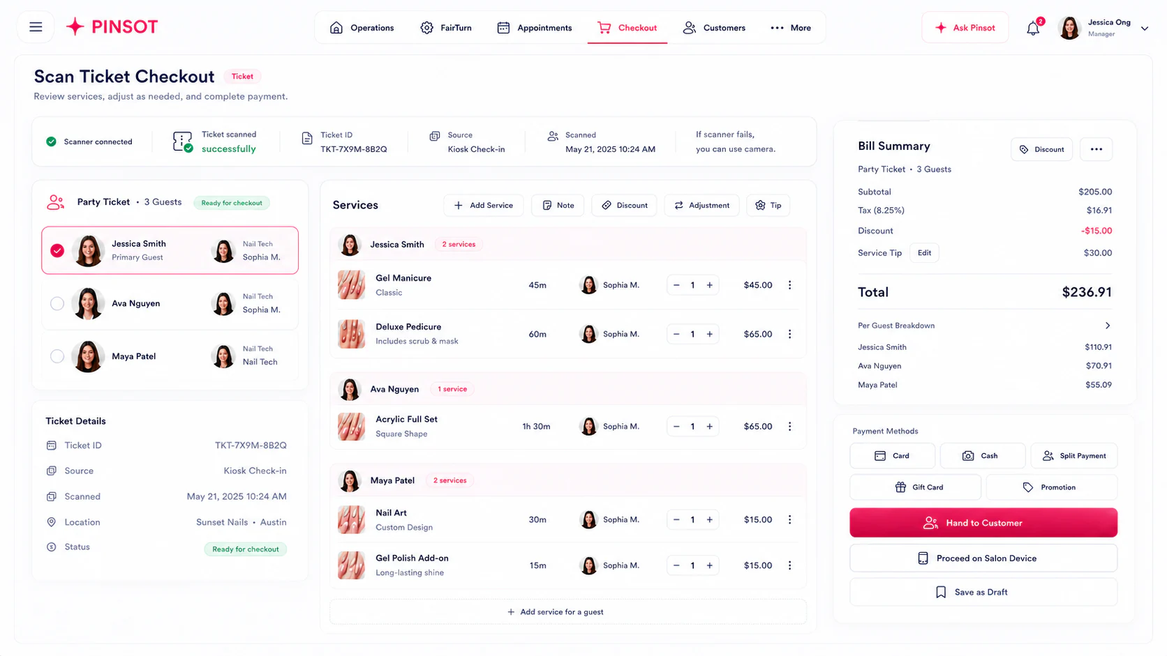 Pinsot checkout ticket review and bill summary