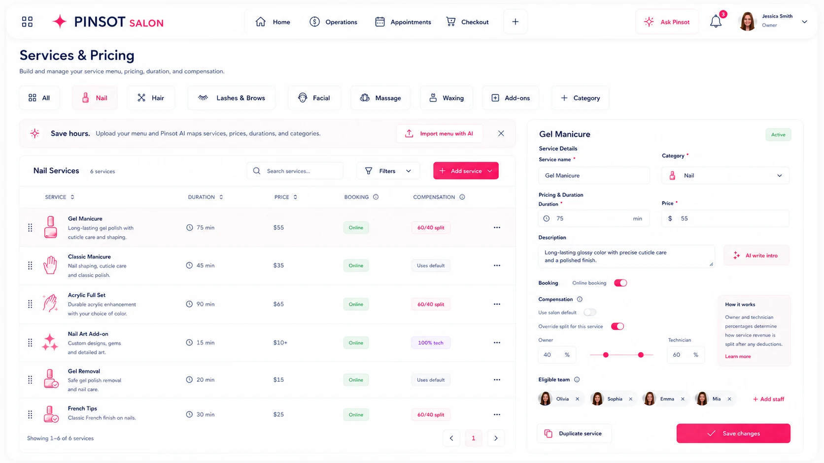 Pinsot services and pricing workspace
