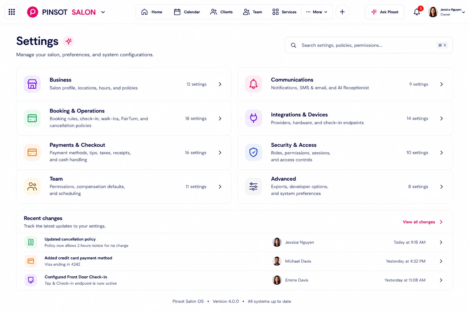 Pinsot salon settings categories and recent changes
